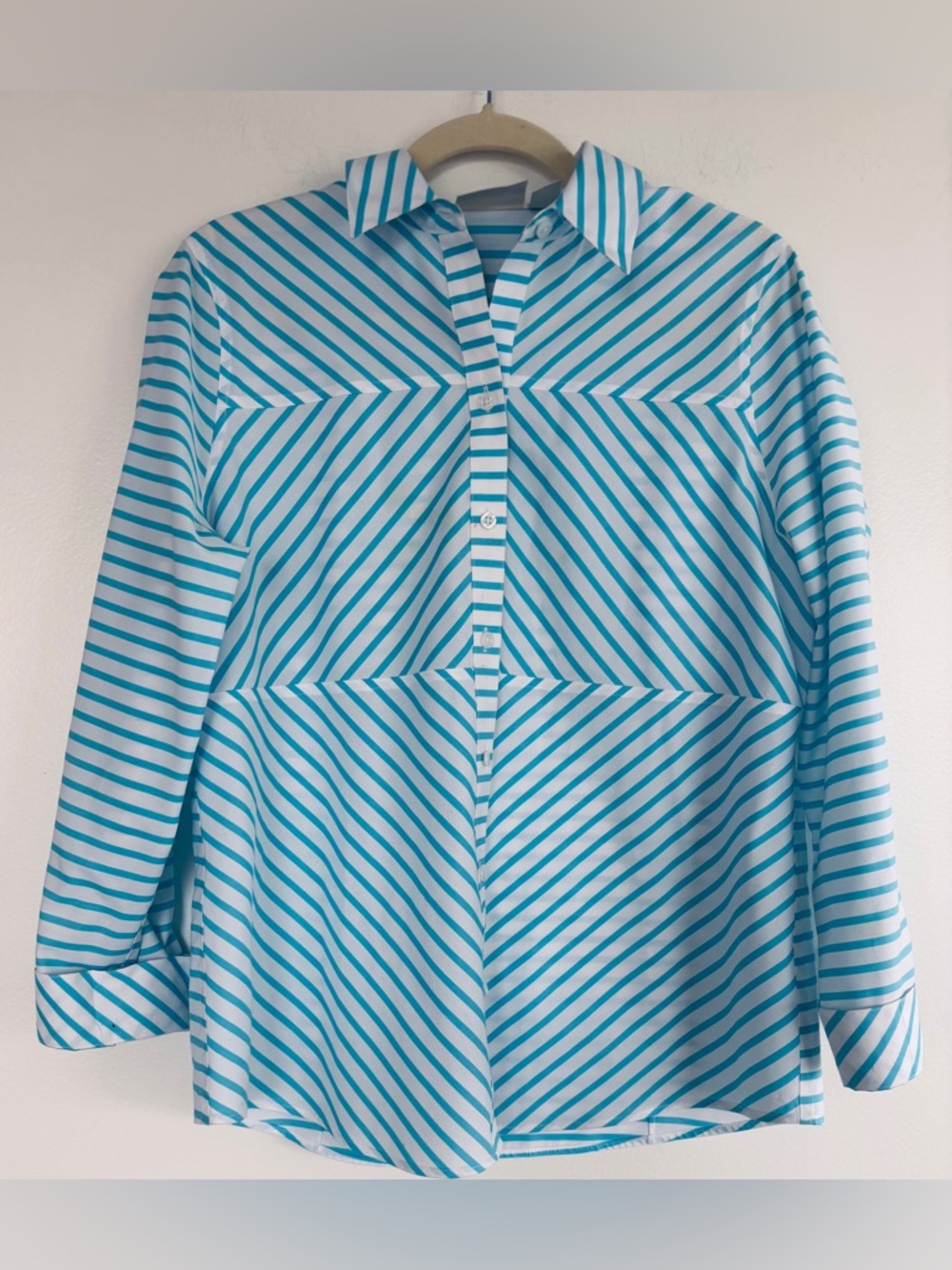 Chico's Aqua and White Striped Button-Down Blouse, No Iron